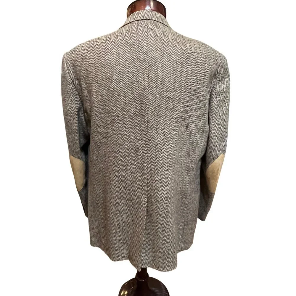 Stafford Mens 46R Herringbone Wool Blazer Jacket With‎ Elbow Patches Brown